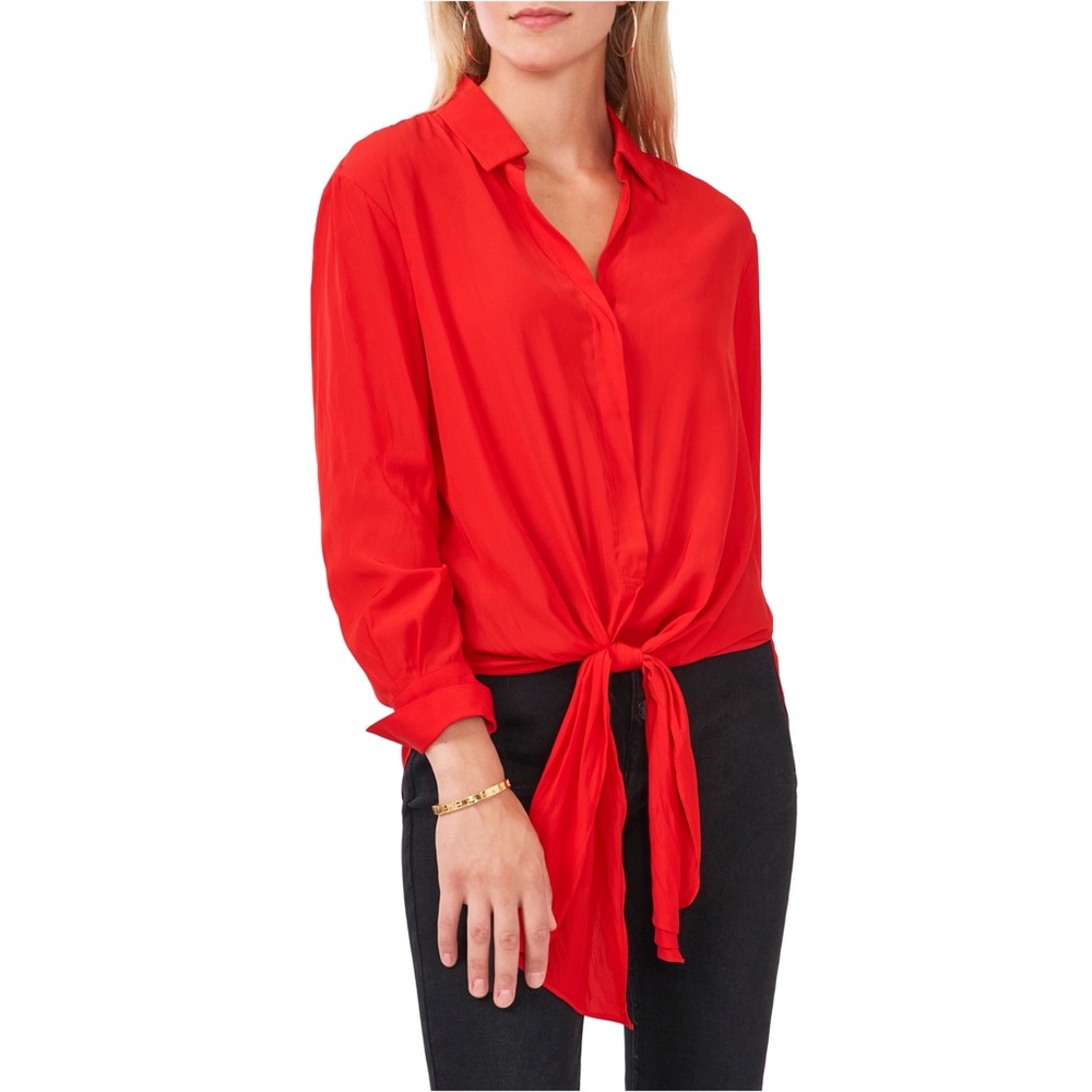 Vince Camuto Tie Front Button-Up Matte Satin Blouse in Bright Cherry, M ❤️ T16